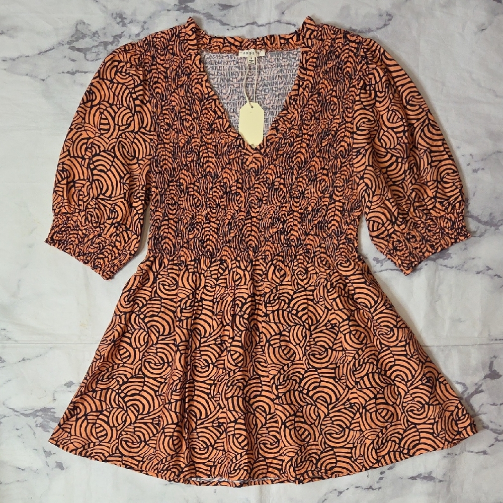 JODIFL Peach & Black Geometric Print Smocked Top